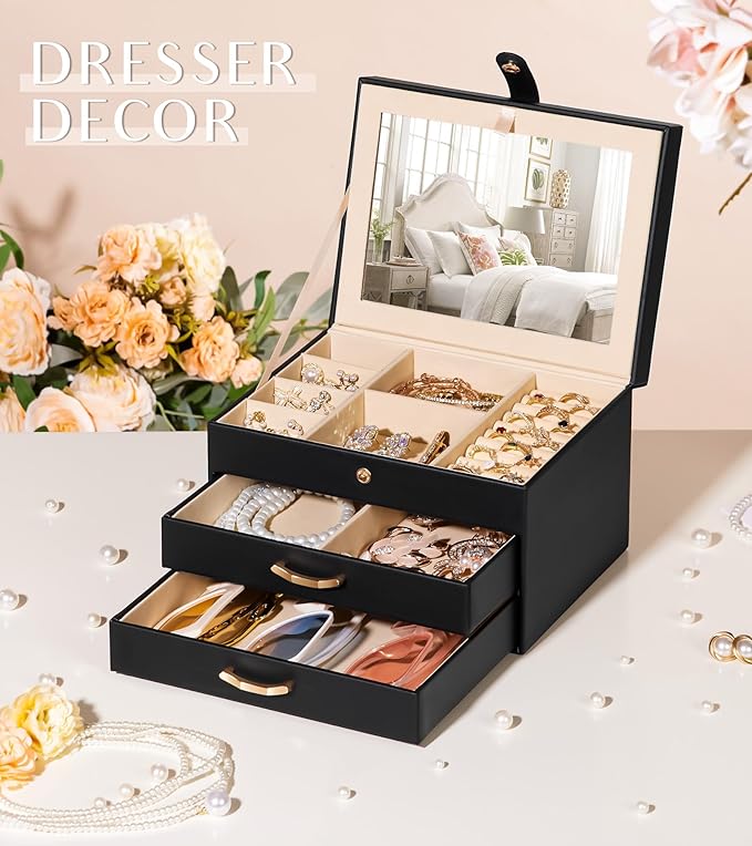 Black Jewelry Box Organizer: Home Decor for Women - 2-Drawer Holder for Valentine’s Day Birthday Gift Black Grey-Purple