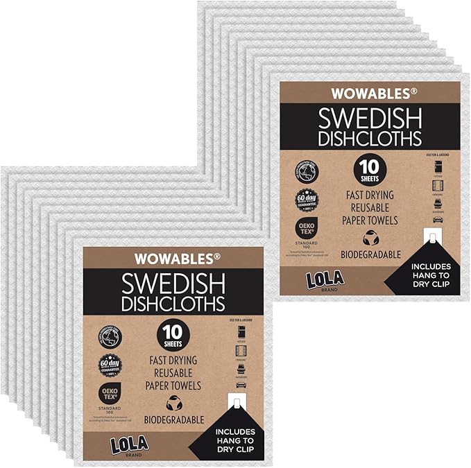 LOLA Swedish Dishcloths for Kitchen 20 Sheets, Biodegradable & Compostable Reusable Paper Towel Cleaning Cloths Zero Waste No Odor Washing Dishes Ultra Absorbent Cellulose Sponge Towel Made in Germany