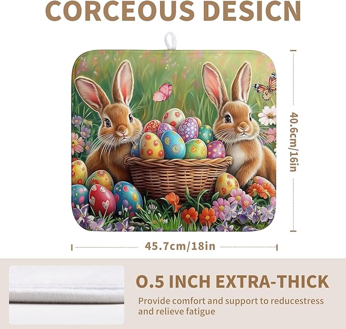 Wnoesat Easter Bunny Eggs Dish Drying Mat for Kitchen Counter 16x18 Inch Spring Easter Rabbit Flowers Drying Mat Microfiber Dish Drainer Rack Mats Absorbent Reversible Dishes Pad Dish Dryer Mat