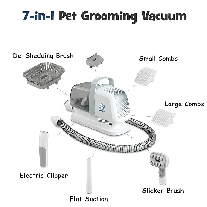 Dog Grooming Vacuum - Pet Hair Trimmer, Dog Hair Clippers and Nail Grinder with 7 Attachments - All-in-One Pet Grooming Kit with 3-Level Suction and Speed Settings with Temperature Control Protection