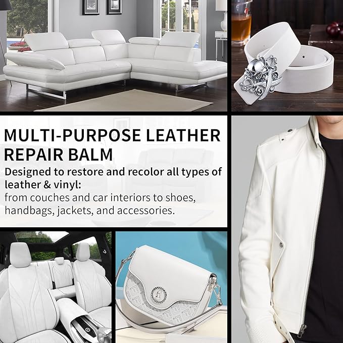 Leather Recoloring Balm and Scratch Repair Kit, White Leather Restorer for Couches, Furniture, Car Seats, Leather Paint & Stain for Sofa, Chairs, Bags, and More