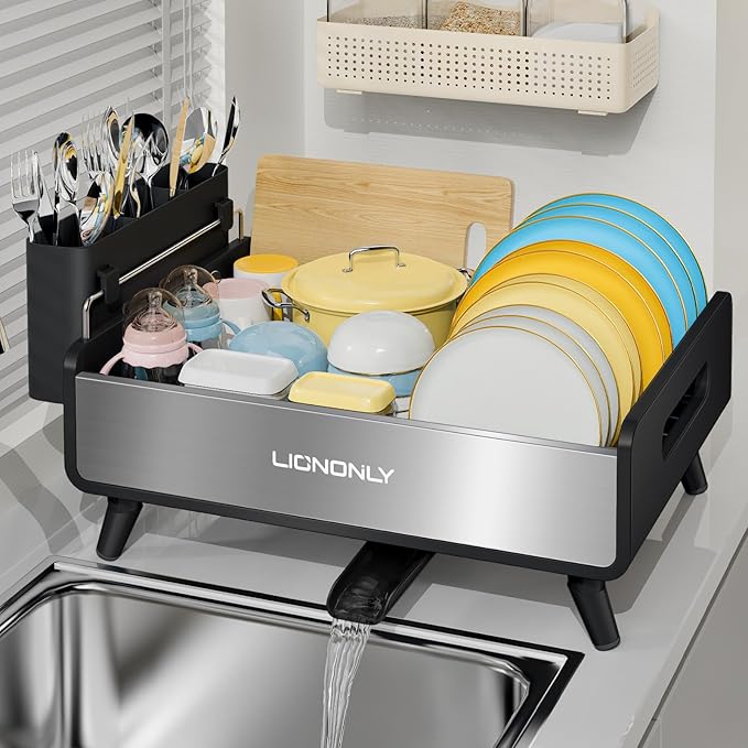 LIONONLY Dish Drying Rack, Thicker Premium Aluminum Frame and 304 Stainless Steel Plate Rack for Kitchen Counter, Automatic Drainage Spout, Dish Drainer & Drainboard Set with Utensil Holder, Black
