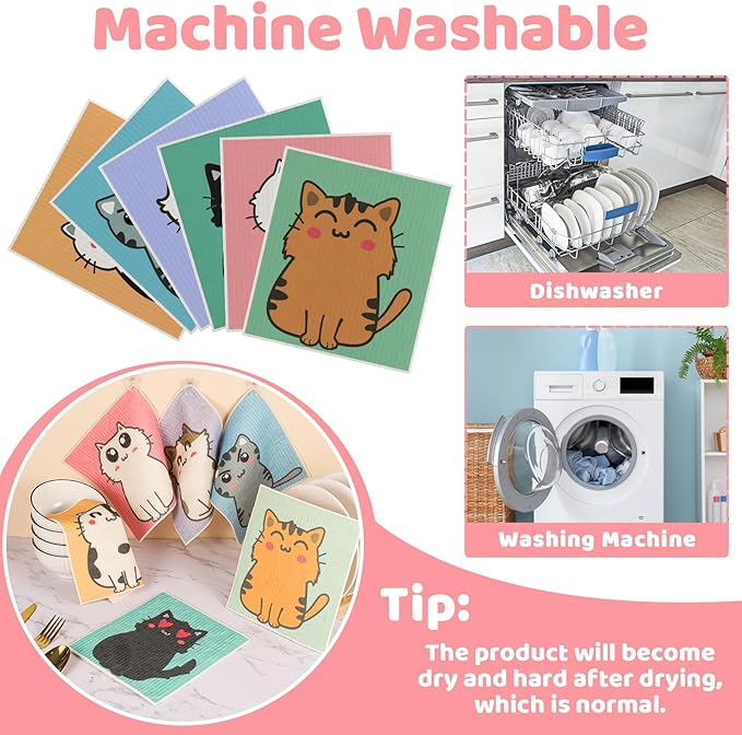 Needbrock 6 Pack Swedish Dishcloths for Kitchen, Swedish Rags Absorbent Cat Dish Cloths Dish Towels with Adhesive Clips, Reusable Paper Towels No Odor for Cleaning Kitchen Valentines Gifts for Women