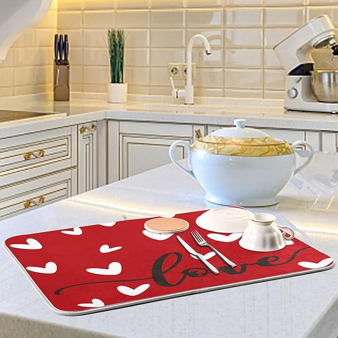 Happy Valentine's Day Dish Drying Mat for Kitchen Red White Love Heart Microfiber Drying Mats Absorbent Reversible Dish Pad Large Dish Draining Mat 18x24 inch