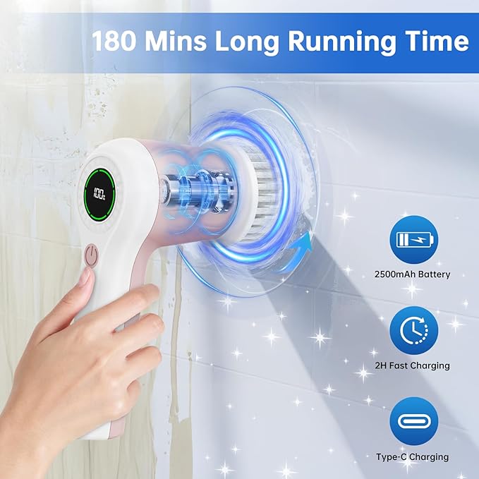 PUFTEM Electric Spin Scrubber, Cordless Shower Scrubber with Battery Level Display, 2 Speeds Electric Scrubber for Cleaning with 6 Replaceable Heads, Cleaning Brush for Bathroom/Sink/Window (Pink)