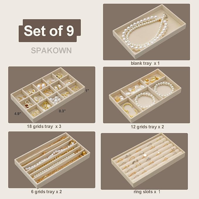 SPAKOWN Jewelry Drawer Organizer Inserts Set of 9, Jewelry Trays for Drawers Velvet Jewelry Organizer Tray Drawer Jewelry Organizers and Storage for Earring Ring Necklace Watch Bracelet (Beige)