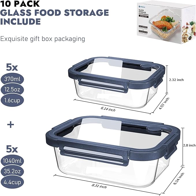 BOROHOUSE 10-Pack Glass Food Storage Containers with Tempered Lids – Borosilicate, Airtight, Oven-Safe (-4°F~950°F), BPA-Free, 4.4 & 1.6 Cup, Leak-Proof, Dishwasher Safe (Blue)