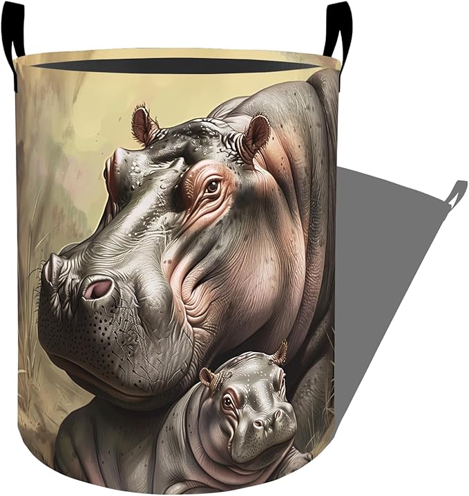 Gentle Hippos with Baby Together Laundry Basket with Handles, 19.7"x15.7" Clothes Foldable Laundry Hamper Organizer for Dorm Nursery Bedroom Bathroom Decor, Toy Storage Bin for Kids