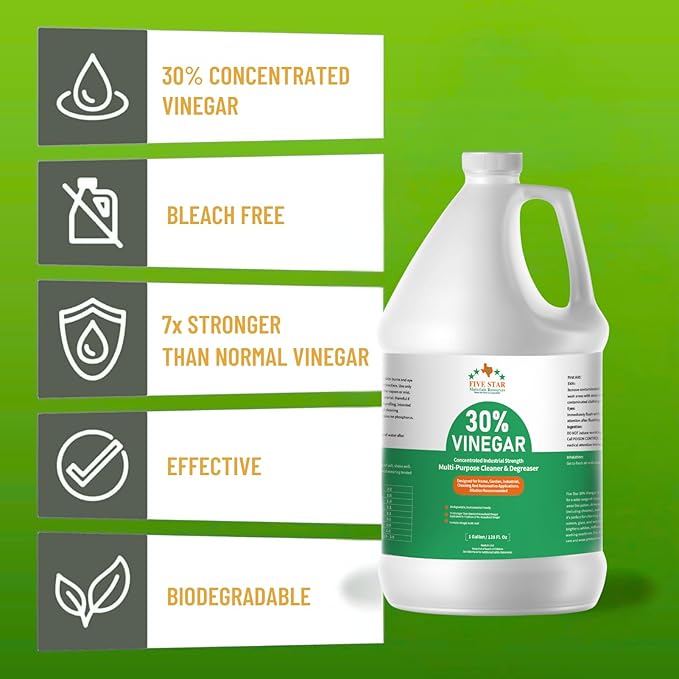 30% Vinegar Concentrated | White Vinegar for Cleaning and Garden | Horticultural, Home, and Outdoor Pure | Max Performance 7X Power | with Instructions (4 Gallon (512 oz))