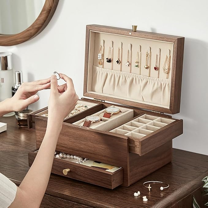 CHOSIN Black Walnut Wooden Jewelry Box for Women, 3 Level Multi-functional Drawer Organizer Box Watch Necklace Ring Earring Storage Valentine's Day Gifts