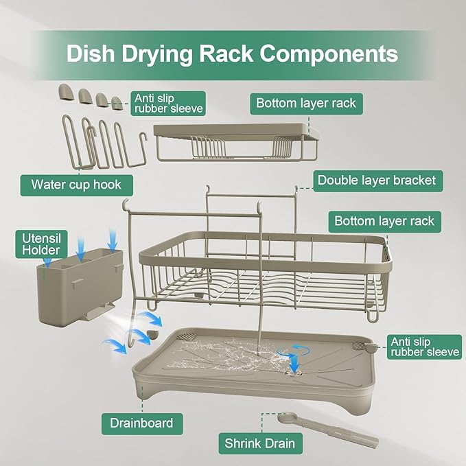 HOMEAILIE Dish Drying Rack, 2-Tier Dish Drying Rack with Utensil Holder – Large Capacity Auto-Draining Dish Drainer with Drainboard for Kitchen Counter, Grey