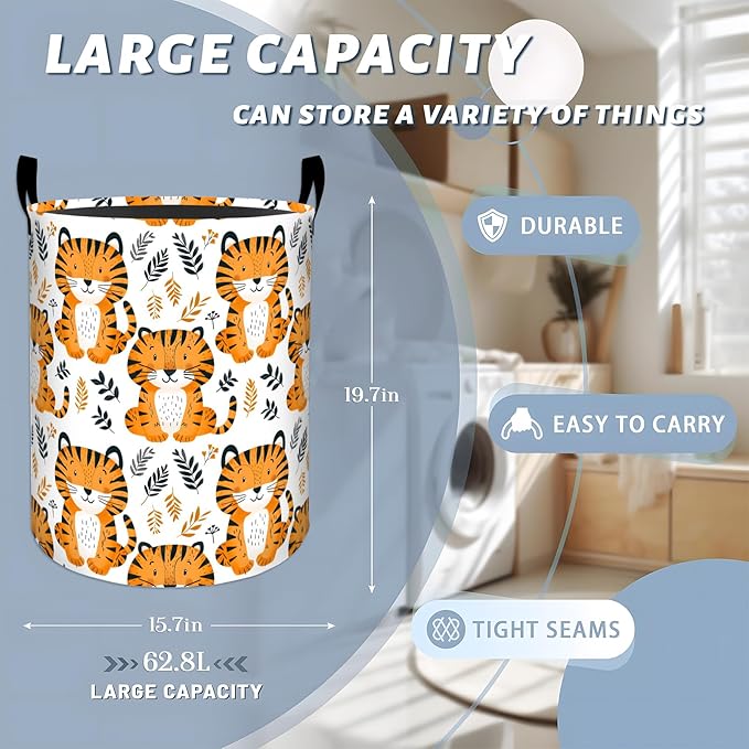 Cheerful Tiger with Leaf Laundry Basket with Handles, 19.7"x15.7" Clothes Foldable Cute Tigers Cartoon Animal Laundry Hamper Organizer for Dorm Nursery Bedroom Bathroom Decor, Toy Storage Bin for Kids
