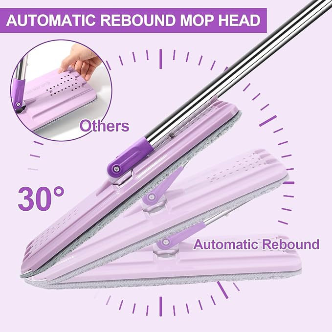BOSHENG Mop and Bucket with Wringer Set, Hands Free Flat Floor Mop and Bucket, 3 Washable Microfiber Pads Included, Wet and Dry Use, Home Floor Cleaning System for All Floor Types and Windows, Purple