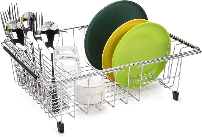 SANNO Expandable in Sink Dish Drying Rack, Large Dish Drying Rack with 4 Division Utensil Silverware Cutlery Holder, Dish Drainer Shelf Dish Rack in Sink On Counter, Rustproof Stainless Steel