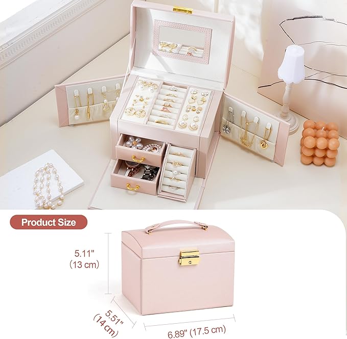 CASEGRACE Jewelry Box Organizer for Women Girls, Three Layer Jewelry Storage Box with Mirror PU Leather Jewelry Display Case for for Bracelets, Earrings, Rings, Necklaces,Pink