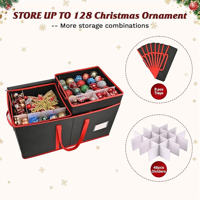 Christmas Ornament Storage Box, Ornament Storage Organizer Fits 128 of 3 inch Ornament Balls, 8 Removable Tray Ornaments Storage Containers with Dividers to Store Xmas Holiday Decor(Black)