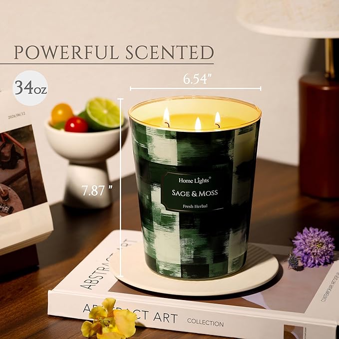 HomeLights Scented Candles | Large Jar 34 Oz Natural Soy Candle | 130 hrs Long-Lasting with 3 Wicks | Scandinavian Minimalist Design Home Decor | Gifts for Mom & Women, Sage & Moss