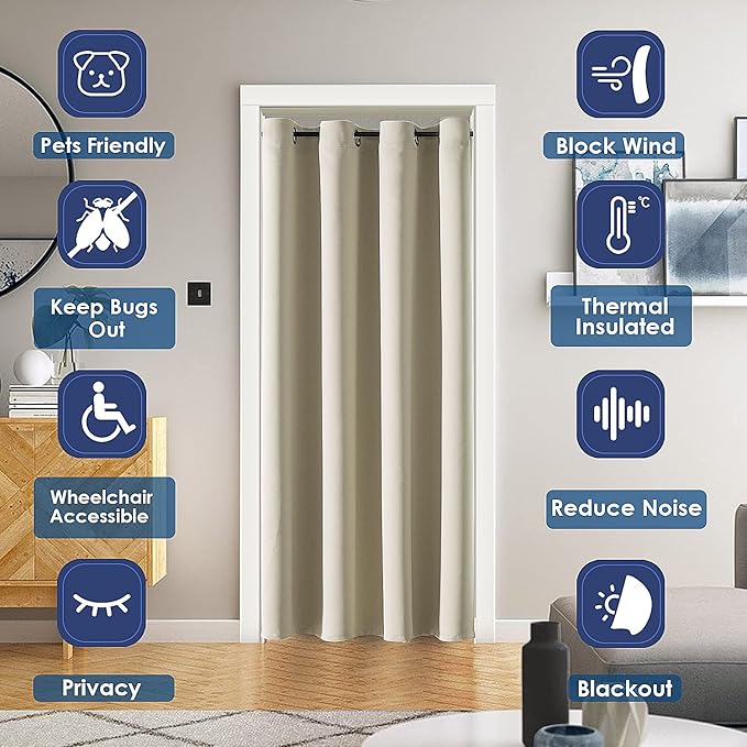 ChrisDowa Blackout Door Curtains for Doorway Privacy, Grommet Closet Curtains for Bedroom Closet Door, Thermal Insulated Temporary Doorway Cover Room Divider Drapes (1 Panel, Beige, 34 x 80 Inch)