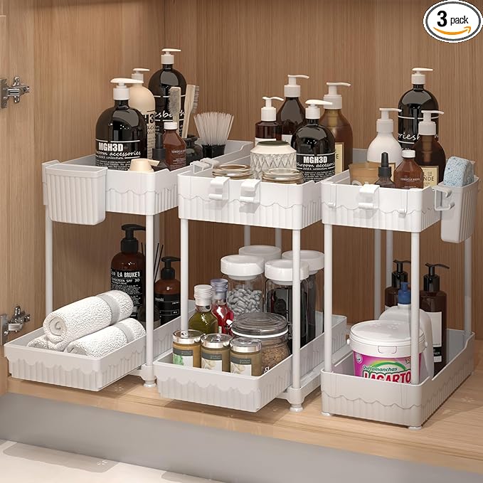 Sevenblue 3 Pack Under Sink Organizers, 2-Tier Multi-Use Kitchen and Bathroom Organizers and Storage with Sliding Drawers，Bathroom Cabinet Organizer (White, 12.8 Inch)