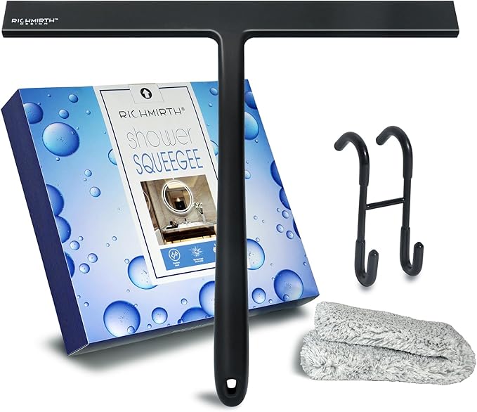 12 Inch Silicone Shower Squeegee for Glass Doors with Hook – Streak-Free Window Cleaner for Bathroom, Mirror, Tile & Car, No Scratch Squeegee with Metal Core (Black)