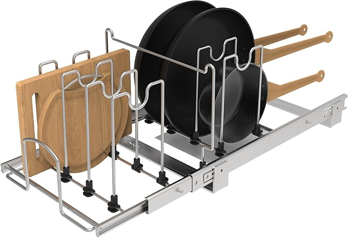 STORKING Pots and Pans Pull Out Organizer Under Cabinet, Adjustable Slide Out Pan and Pot Lid Rack Holder, Wire Dividers Kitchen Organization And Storage, Full-Extension Rail 12" W X 20" D