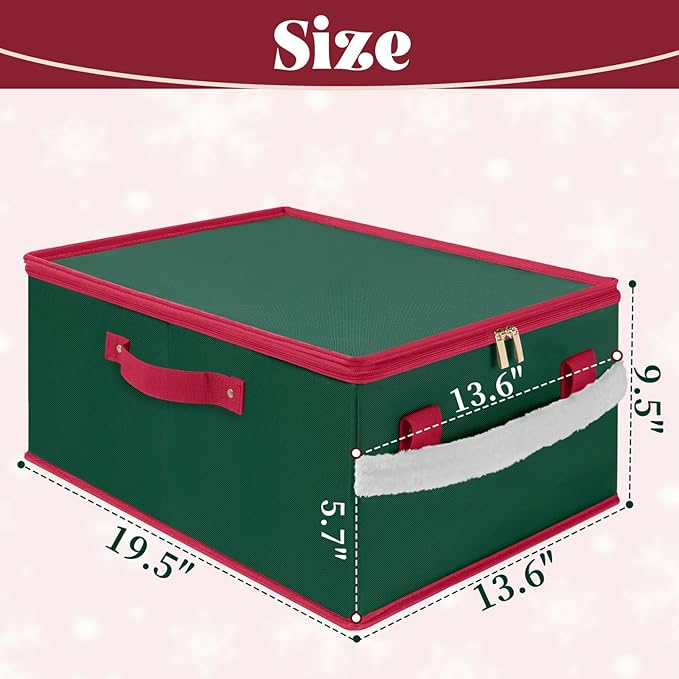 Christmas Ornament Storage Box Holiday Ornaments Storage Container Bin Zippered Top Ball Storage with Adjustable Dividers Holds 72 Ornaments (3 Inch) Green