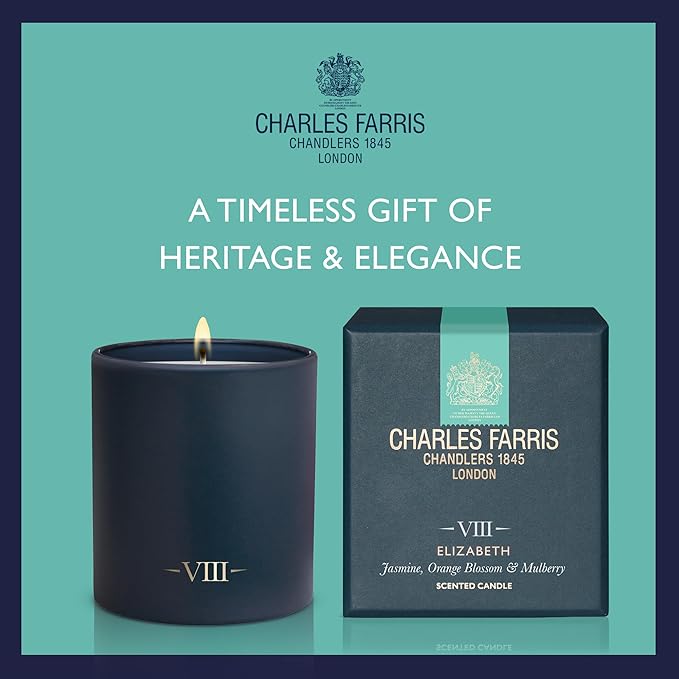 Charles Farris Luxury Scented Candle – 1 Wick, Hand-Poured, Long Lasting, Clean Burning, 210g / 7.5oz, Burns for up to 50 Hours, Made in England – Orange Blossom, Jasmine & Green Mulberry – Elizabeth