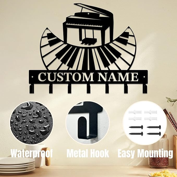 Personalized Custom Music Wall Hooks,Metal Music Room Art Clothes Hooks,Metal Music Wall Home Storage Decorative,For Front Door, Hallway, Kitchen, Bedroom,Keys,Hats (Style N)