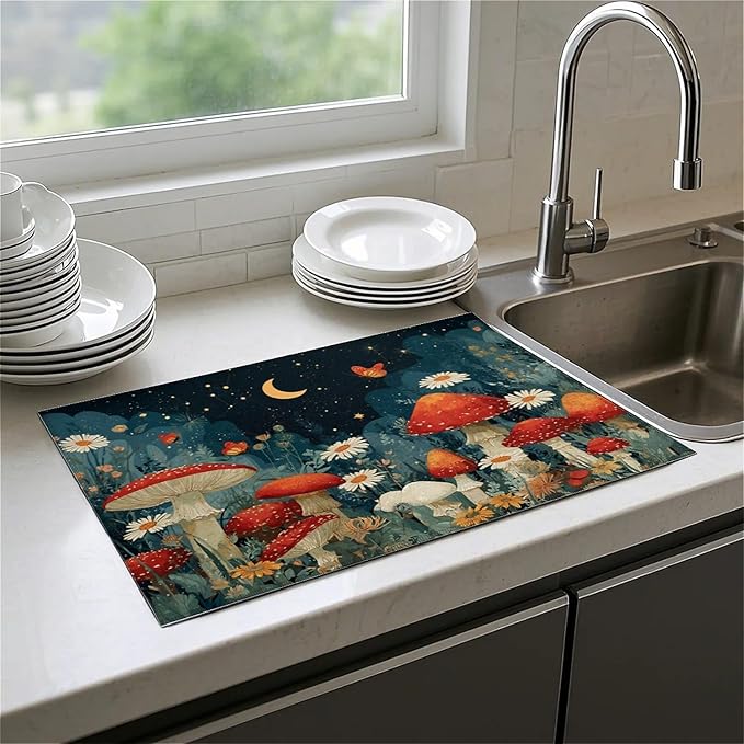 Dish Drying Mat For Kitchen Counter, Black Mushroom Microfiber Absorbent Dish Drainer Rack Pad Reusable Large 18x24in Drying Mat