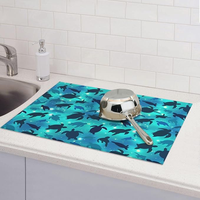 Sea Turtles Blue Dish Drying Mat For Kitchen Counter Absorbent Microfiber Dishes Pad Dish Drainer Rack Mats Fast Dry Reusable Washable Large 18"x24"