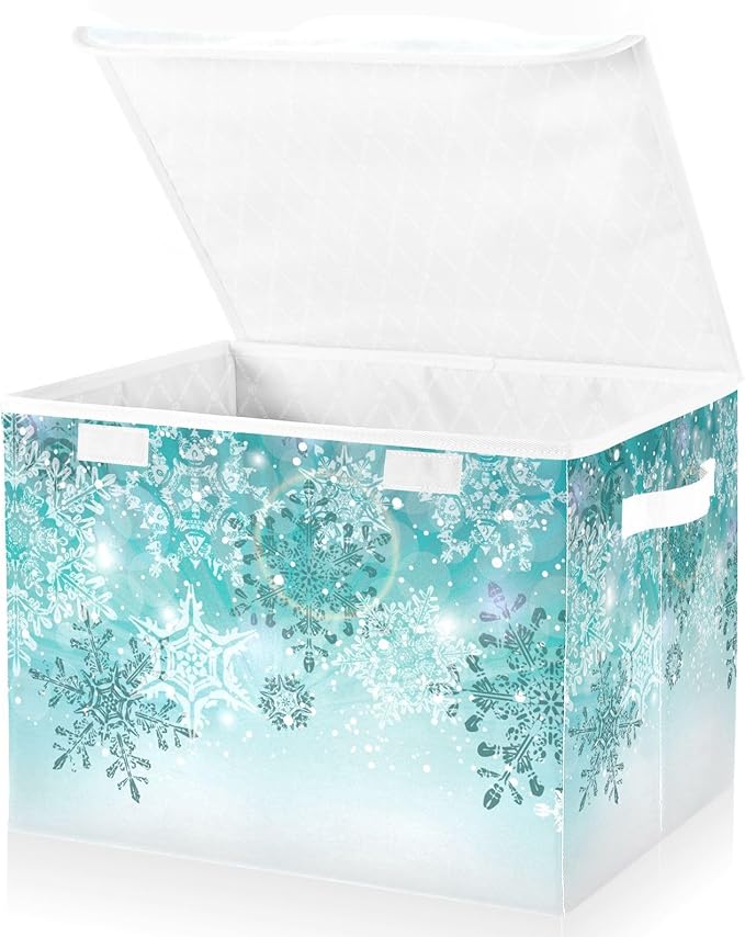 Senya Collapsible Storage Bins with Lids, Silver Winter Teal Turquoise Snowflakes Christmas Storage Boxes Clothes Baskets for Organizing