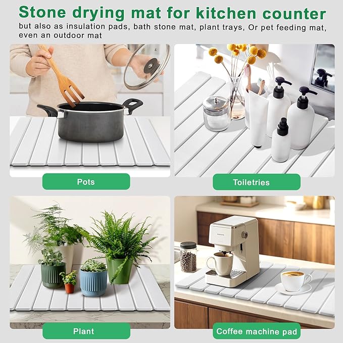 Stone Drying Mat for Kitchen Counter, Large Foldable Diatomaceous Earth Dish Drying Rack, Absorbent Diatomaceous Quick Dry Stone Mat Kitchen Dishes Bottles Cups Bathroom Any Countertop 24"(L)×16"(W)
