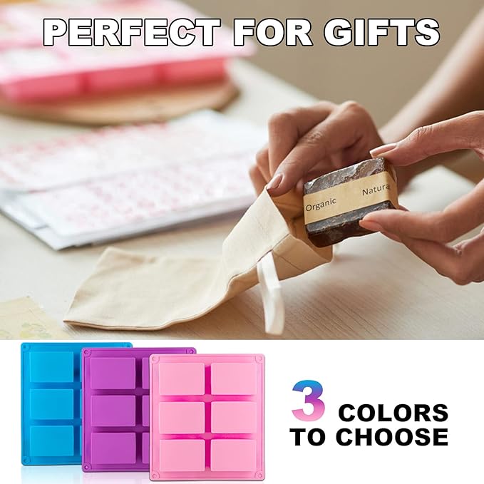 LERYKIN 2 Pack Silicone Soap Molds, 6 Cavities Rectangle Silicone Soap Molds, Great for Homemade Craft Soap Mold, Chocolate Mold, Cake Mold ＆ Ice Cube Tray - Just Pop Out（Purple