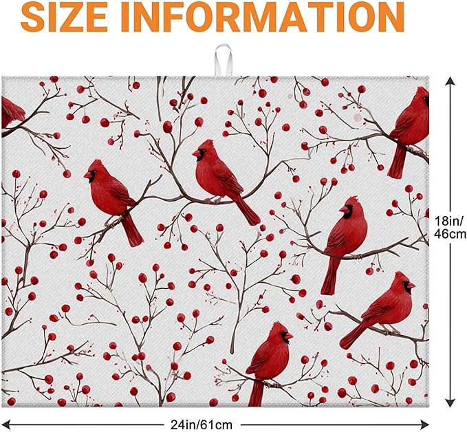 Dish Drying Mat For Kitchen Counter, Cardinal Bird Red Berry Microfiber Absorbent Dish Drainer Rack Pad Reusable Large 18x24in Drying Mat