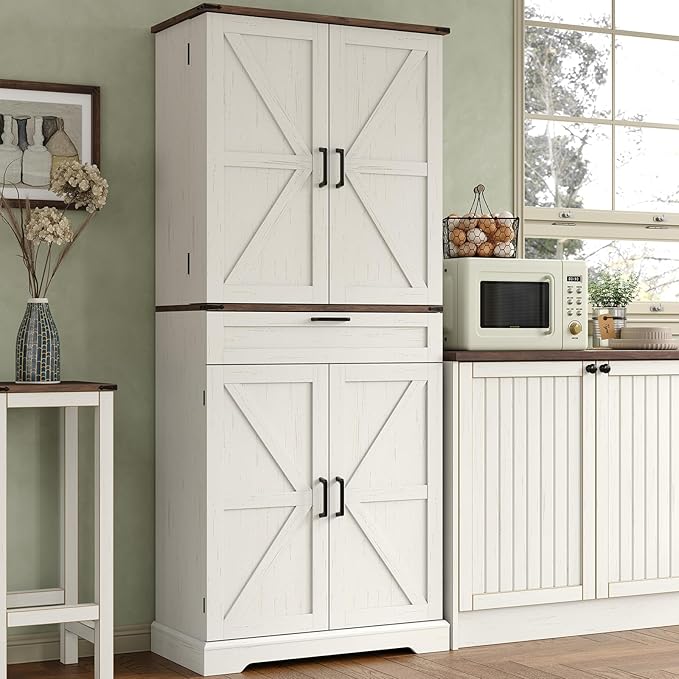 72'' Kitchen Storage Pantry Cabinet, Tall Storage Cabinet with 8 Door Shelves, 2 Cabinets and 1 Drawer, Freestanding Cupboard for Kitchen, Dining Room, Bathroom, Laundry, Off White