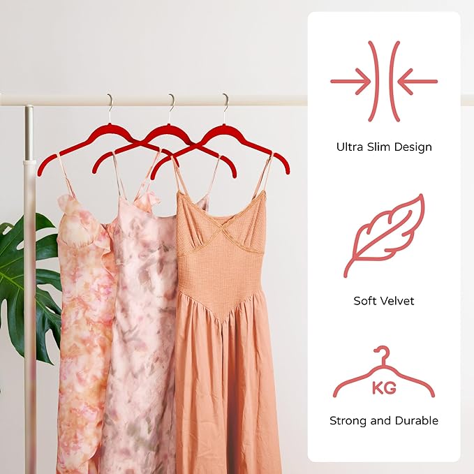 Sishynio Velvet Hangers 50 Pack – Slim Non-Slip Flocked Hangers with 360° Swivel Hook, Space-Saving Closet Organizer for Dresses, Blouses, Coats(Red)