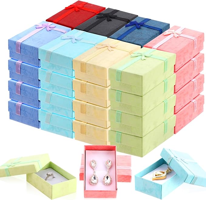 Batiyeer Jewelry Gift Boxes Set Empty Small Gift Cardboard Boxes for Jewelry Packaging with Ribbon Bowknot for Anniversaries Weddings Birthday, 8 Colors(160 Pcs)
