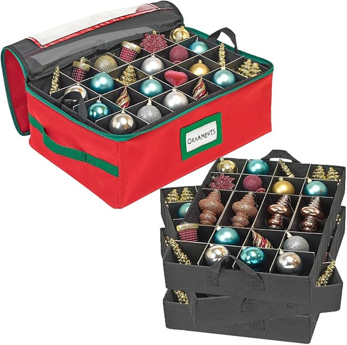 HOLDN’ STORAGE Christmas Ornament Storage Box with Dividers - Fits 72-3” Ornaments, 3 Removable Trays, Durable & Space-Saving, Clear Top Lid, Convenient Storage Designed, Red