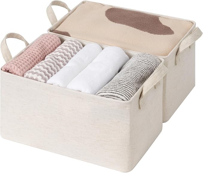 StorageWorks Storage Bins, Shelves Baskets for Organizing, Fabric Closet Organizers with Handles, Metal Frame, Beige?Cotton-linen?, 2-Pack