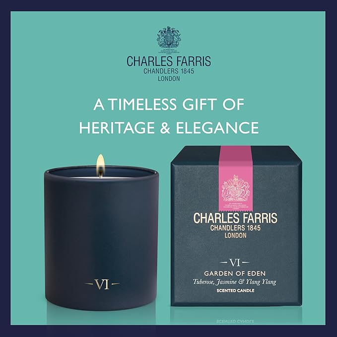 Charles Farris Luxury Scented Candle – 1 Wick, Hand-Poured, Long Lasting, Clean Burning, 210g / 7.5oz, Burns for up to 50 Hours, Made in England – Tuberose, Jasmine & Ylang Ylang – Garden of Eden