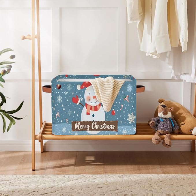 Storage Baskets Bin, Christmas Winter Snowman Collapsible Canvas Fabric Storage Bin Decorative Baskets Toy Organizer Rectangle Storage Boxes with Handles for Home Shelves Nursery, J-025