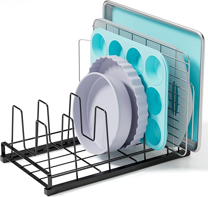 GAGUIUP Food Container Lid Organizer, Adjustable 6 Dividers Full-Metal Pot and Pan Organizer Rack for Kitchen Cabinets, Drawers, Cupboards, Pantry Shelves Storage, Black