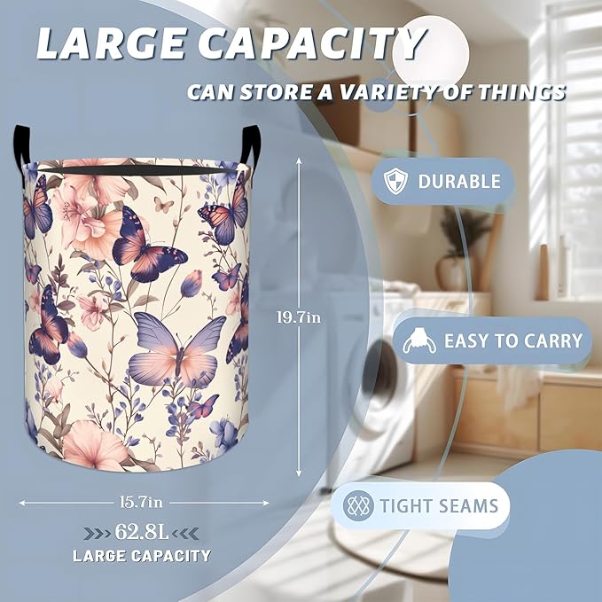 Elegant Butterfly and Pink Flowers Laundry Basket with Handles, 19.7"x15.7" Clothes Foldable Laundry Hamper Organizer for Dorm Nursery Bedroom Bathroom Decor, Toy Storage Bin for Kids