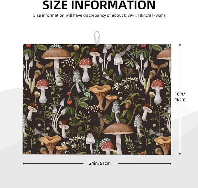 Cute Mushroom Dish Drying Mat For Kitchen Counter 18 X 24 In, Microfiber Absorbent Dish Drainer Mat With Hanging Loop Reversible Dish Drainer Mats Countertops Protector Pad (Vintage Dark Forest )