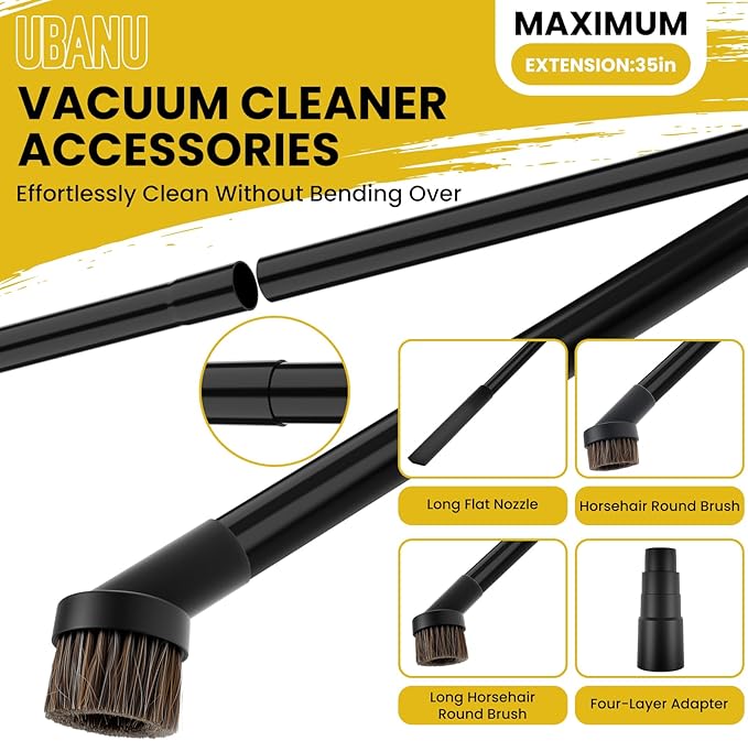 UBANU 6Pcs Vacuum Attachments Set - 17.7" Extension Wands, Crevice Tool, 2 Horse Hair Dust Brushes & Universal Hose Adapter for Cleaning Furniture, Blinds, Car Interiors