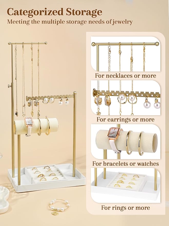 Jenseits Jewelry Organizer Stand with Ring Holder - 3-Tier Gold Jewelry Holder Tower with Velvet Tray, Necklace Holder, Bracelet & Earring Display Stand for Women, Gift for Her