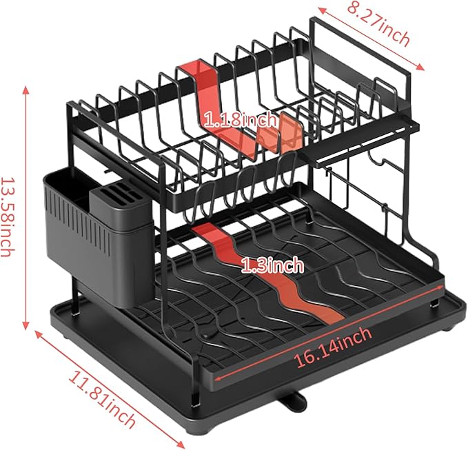 TOOPONE 2-Tier Dish Drying Rack with Drain Board,Large Dish Drying Rack for Kitchen Counter, Detachable Large Capacity Dish Drainer Organizer with Utensil Holder