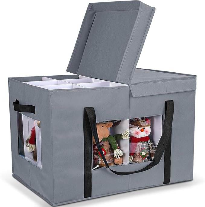 Christmas Figurine Storage Box, 24”x18”x15” Ornament Storage Box, 2025 UpgradeNutcracker Storage Box, Figurine Storage with Dividers, Adjustable Extent Area for Figurines and Pocket, Grey