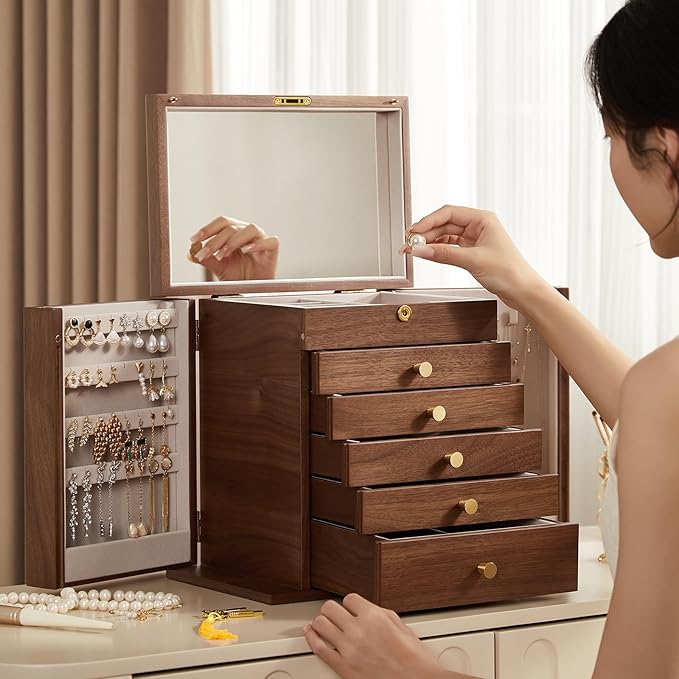 Black Walnut Wooden Jewelry Box, Wood Jewelry Organizer with 2 Side Doors Mirror Lockable Classical Style for Watch Necklace Ring Earring Storage Valentine's Day Gifts-6 Layer