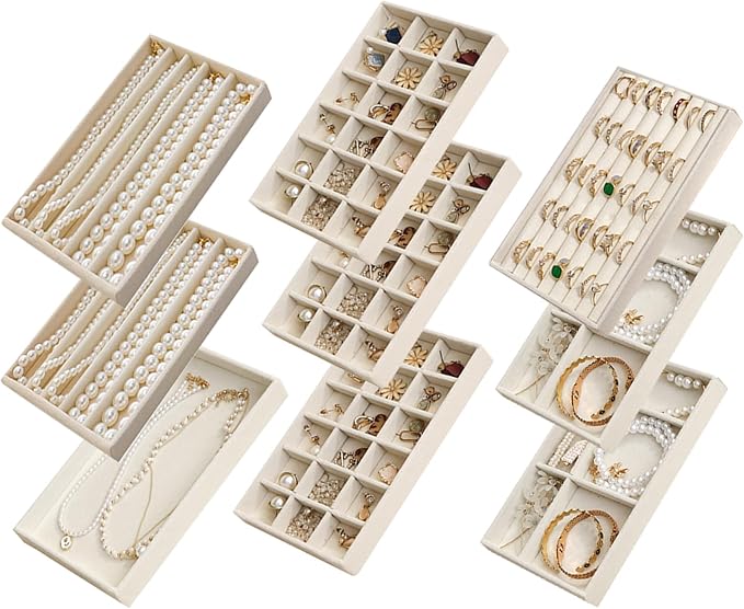 SPAKOWN Jewelry Drawer Organizer Inserts Set of 9, Jewelry Trays for Drawers Velvet Jewelry Organizer Tray Drawer Jewelry Organizers and Storage for Earring Ring Necklace Watch Bracelet (Beige)